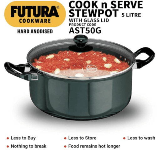 Hawkins Futura 5 Litre Cook n Serve Stewpot, Hard Anodised Sauce Pan with Glass Lid, Cooking Pot with Two Handles, Black (AST50G) - Image 2